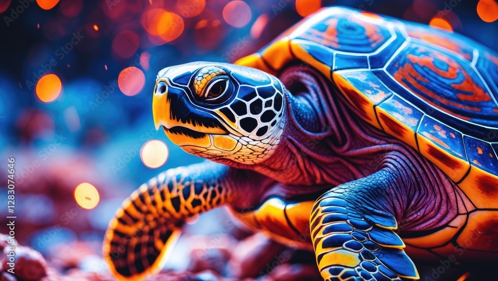 Poster vibrant close-up of an ornate star turtle showcasing intricate patterns and colors against a beautif
