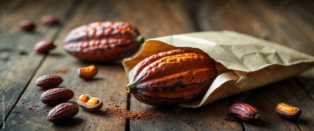 Poster cocoa beans and pod in a paper bag on rustic wooden table showcasing chocolate production and natura