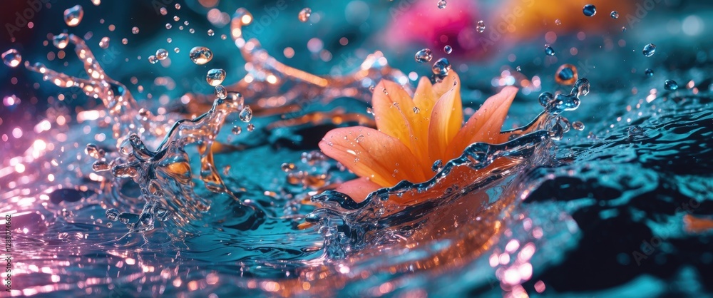 Poster close up of vibrant water splash featuring a delicate flower in an abstract and colorful aquatic bac