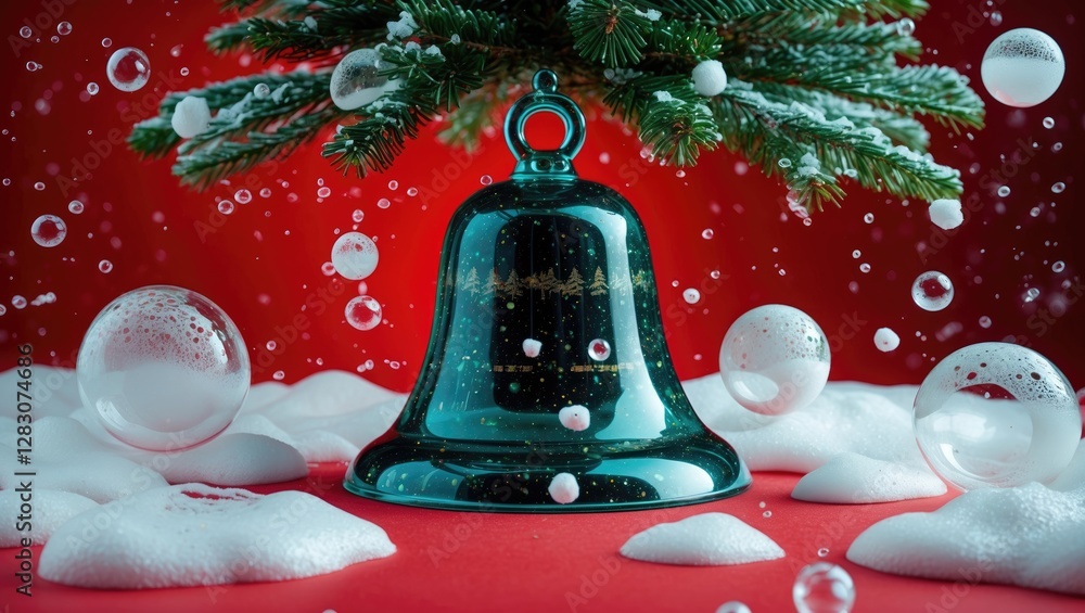 Poster christmas tree enclosed in a glass bell with floating foam bubbles on a vibrant red background celeb