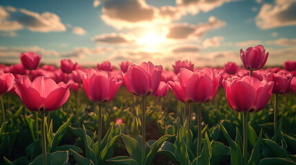 Spring background showcasing blooming tulip fields in vibrant pinks and yellows under a sunny sky