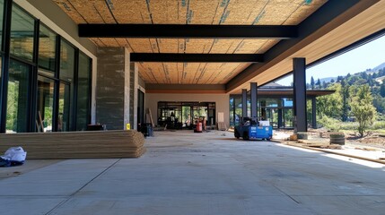 A house under construction with exposed insulation materials in walls and ceilings