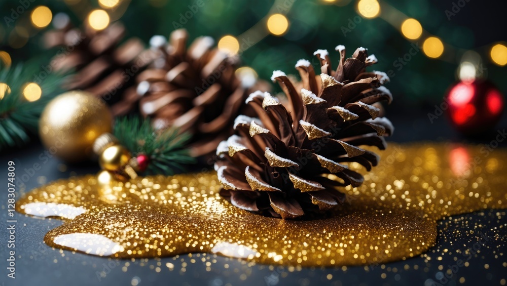 Poster gold glitter fluid with decorative pine cones and ornaments creating a festive new year winter minim