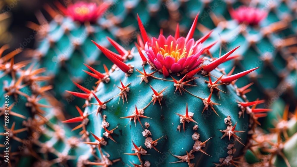 Poster close-up view of cactus texture featuring vibrant pink flowers and sharp thorns showcasing natural b