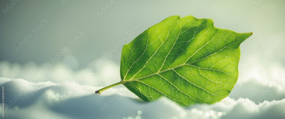 Aufkleber Close up of a vibrant green leaf resting on a soft white surface with a blurred background creating a serene and fresh atmosphere.