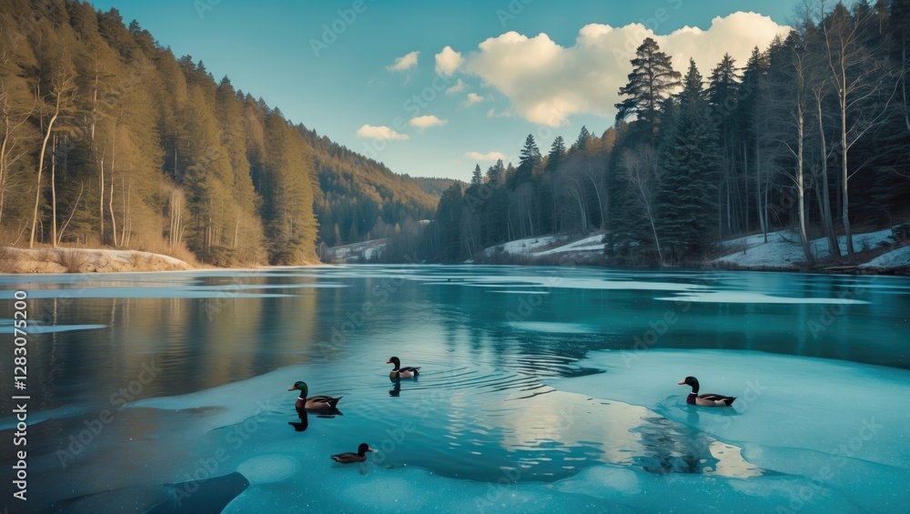 Poster frozen lake in a serene forest with ducks swimming amidst ice patches and reflections of trees and c
