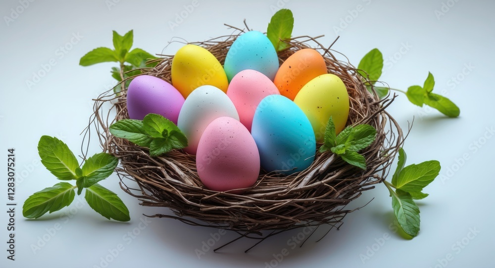 Poster colorful easter eggs nestled in a twisted branch nest surrounded by fresh mint leaves on a white bac