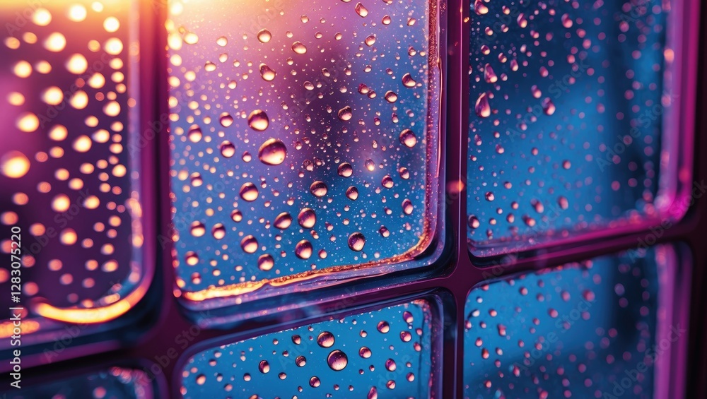 Aufkleber Close up of water droplets on window glass creating a colorful abstract pattern illuminated by soft light reflections