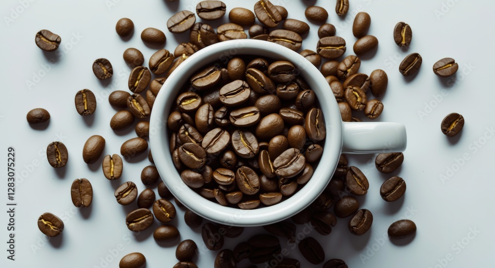 Poster Coffee beans in white cup on white background flat lay composition with space for text used for advertising coffee related products