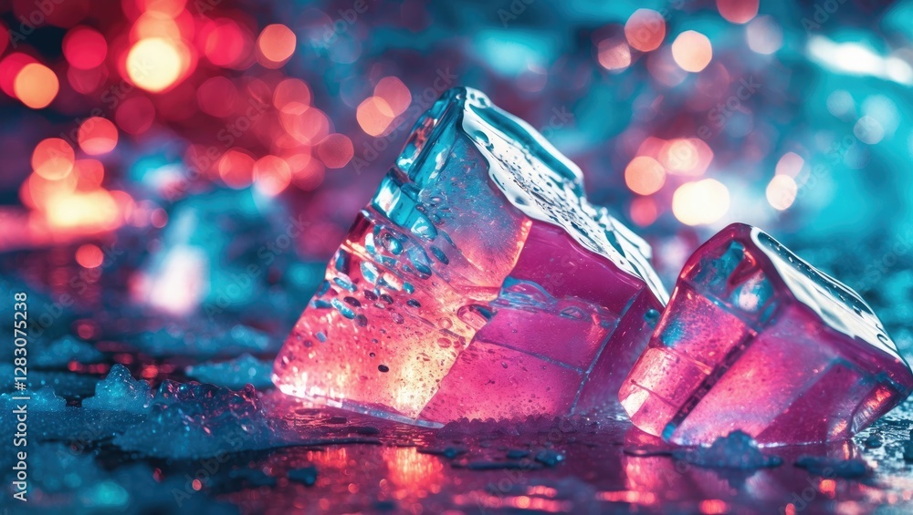 Poster Close up of vibrant ice cubes with colorful reflections and bokeh effect creating a visually striking abstract background