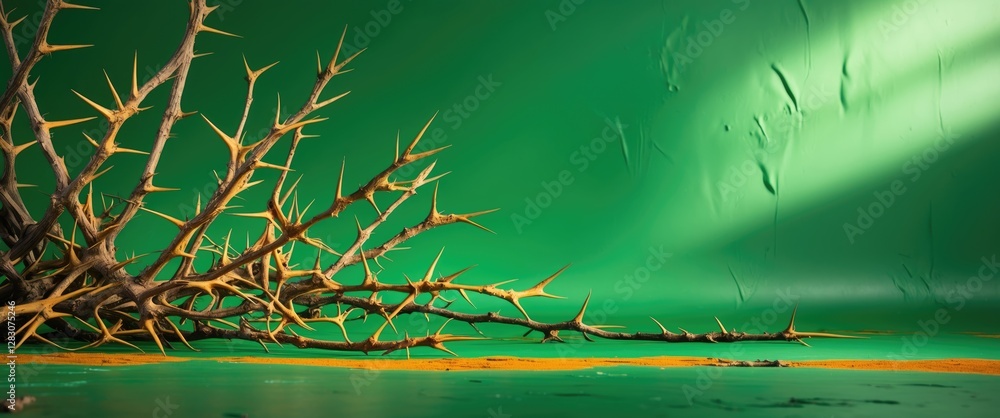 Poster thorny branches against a vibrant green backdrop creating a striking contrast with textures and shad