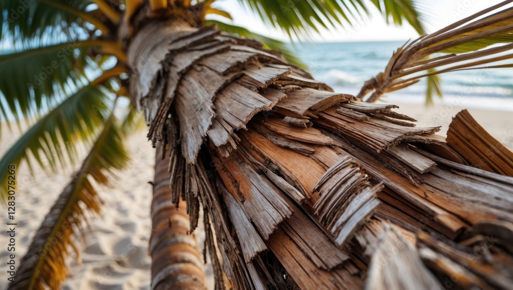 Poster Close up of textured brown palm tree bark highlighting natural patterns against a beach backdrop with ocean waves in the background.