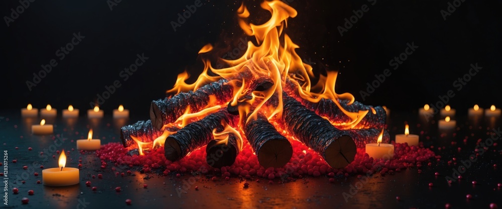 Poster cozy warm campfire surrounded by candles and decorative elements on a dark background creating a ser