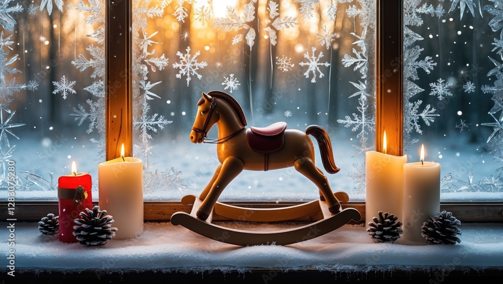 Poster winter scene featuring a toy rocking horse adorned with candles and frosted window patterns, evoking