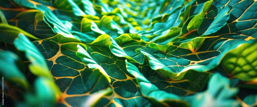 Poster Vibrant close-up of green leaf patterns showcasing intricate details and textures with selective focus for a naturalistic aesthetic.