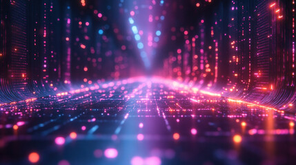 Obraz premium Technology background of a neon grid glowing in futuristic purple and blue tones