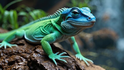 Fototapeta premium Vibrant green lizard with striking blue head perched on a log surrounded by natural foliage in a serene environment
