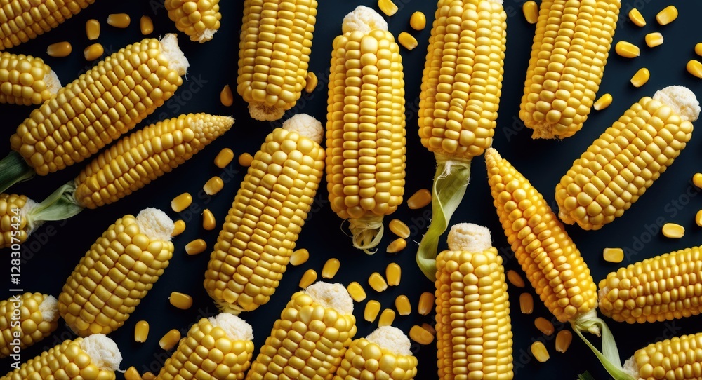 Poster closeup of vibrant yellow corn kernels scattered on a dark background showcasing their texture and n