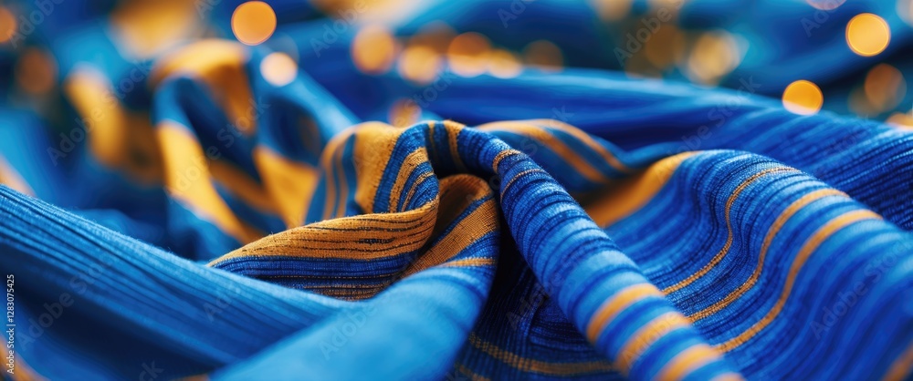 Aufkleber Blue striped fabric with a soft texture and bokeh lights in the background creating a fashionable and modern textile aesthetic.