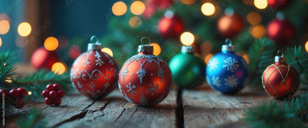 Poster festive christmas ornaments on a rustic wooden surface with soft focus and blurred lights creating a