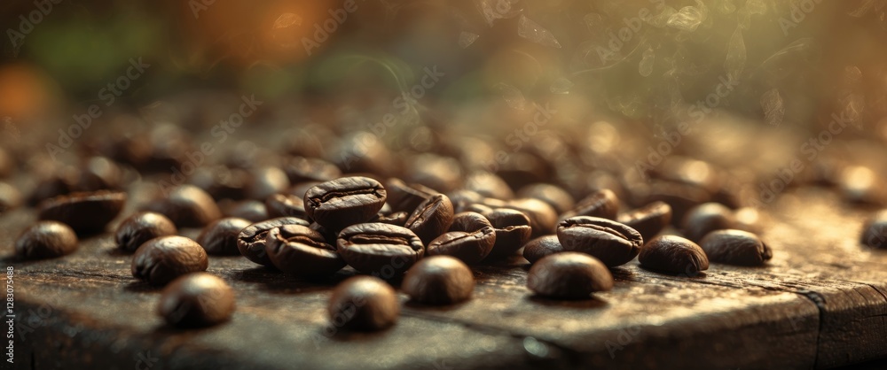 Poster closeup of aromatic roasted coffee beans on rustic wooden surface with soft focus and ambient light 