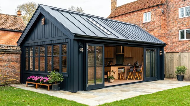 A kitchen extension with a durable tiled floor and a lightweight metal roof