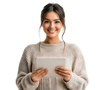 Smiling young woman holding tablet, isolated on transparent cutout background - Powered by Adobe