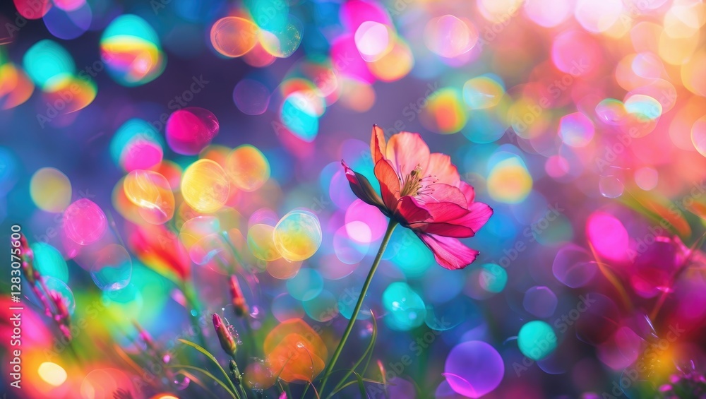 Poster vibrant flower against a dreamy bokeh background showcasing colorful blurred lights and a whimsical 