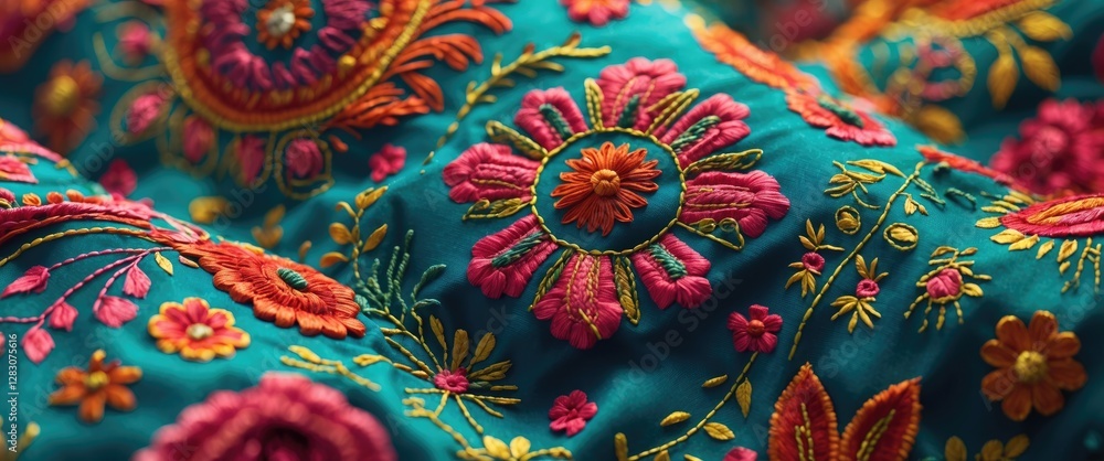 Poster vibrant embroidered motifs on fabric showcasing intricate floral patterns and rich colors in a close