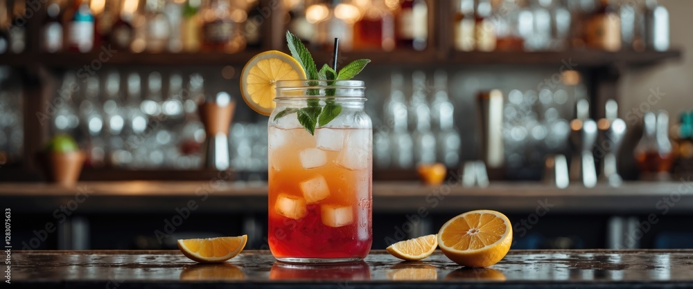 Poster Refreshing cocktail in a glass jar with lemon and mint on bar counter with blurred background of bottles and barware.
