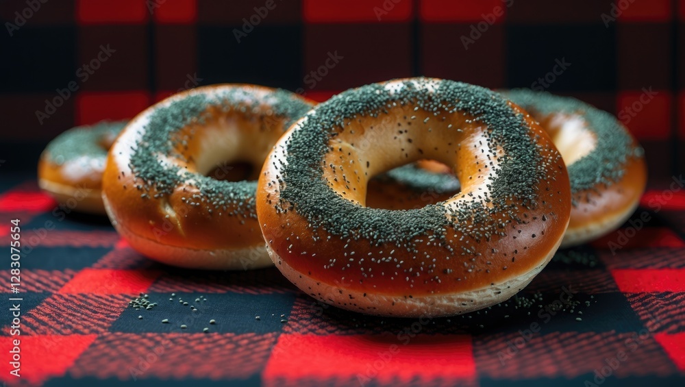 Aufkleber Poppy seed bagels arranged on a red and black tartan tablecloth showcasing their texture and color in a vibrant culinary setting.