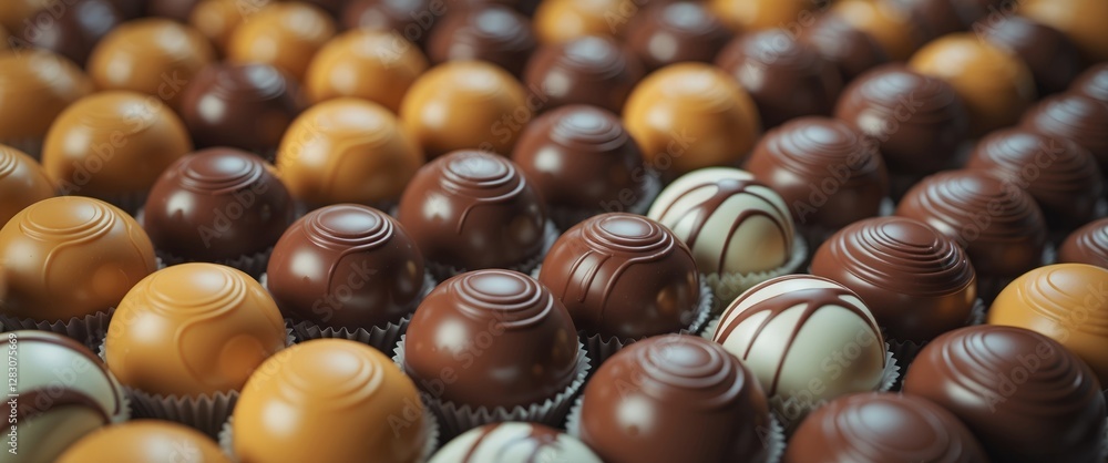 Poster Custom assorted chocolate balls arranged in a vibrant display showcasing rich textures and colors with a macro focus effect.