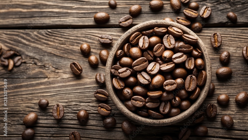 Poster coffee beans in a rustic bowl on a wooden background with scattered beans, ideal for coffee-related 
