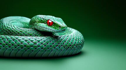 Obraz premium Green snake with striking red eyes coiled on emerald backdrop. Ideal for New Year 2025, holiday cards, reptile designs, nature themes. Serene, with copy space.