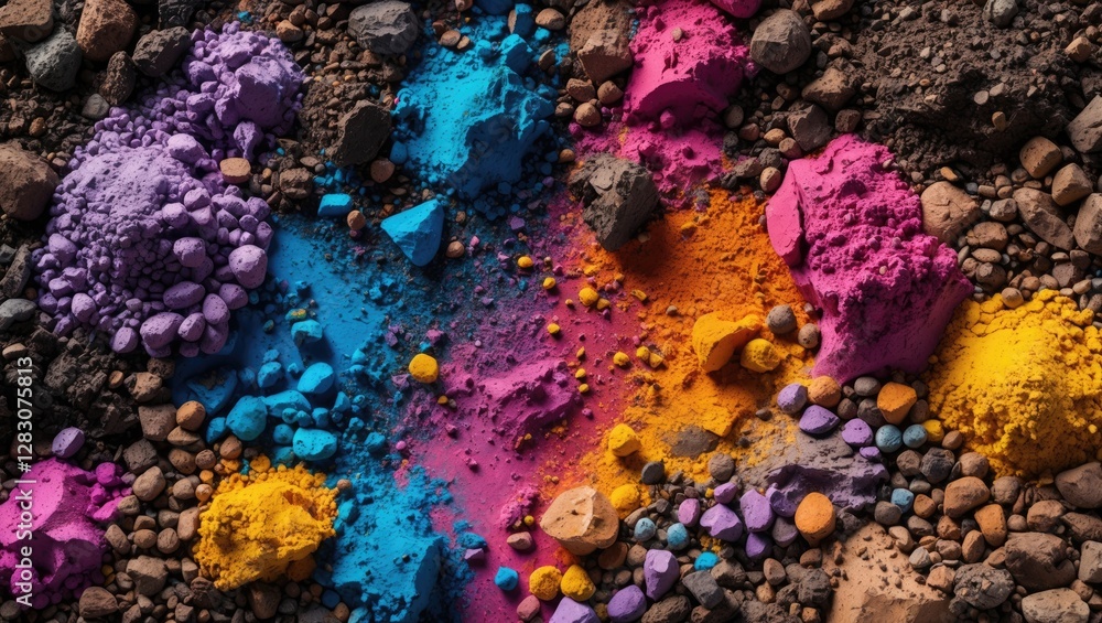 Aufkleber Vibrant colored powders scattered on earthy soil creating an artistic texture background ideal for design and creative projects.