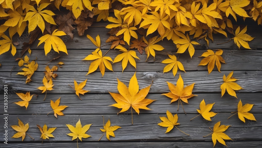 Poster autumn leaves in vibrant yellow and orange hues laid on a rustic wooden background creating a warm s