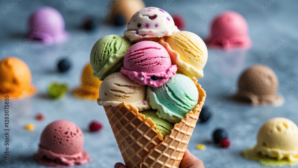 Poster colorful ice cream scoops stacked in a waffle cone with assorted flavors and textures against a blur