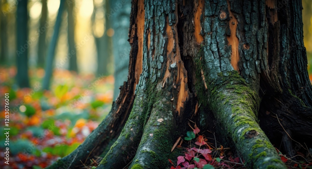 Poster detailed close-up of an old tree stump showcasing textured bark and vibrant forest floor foliage in 