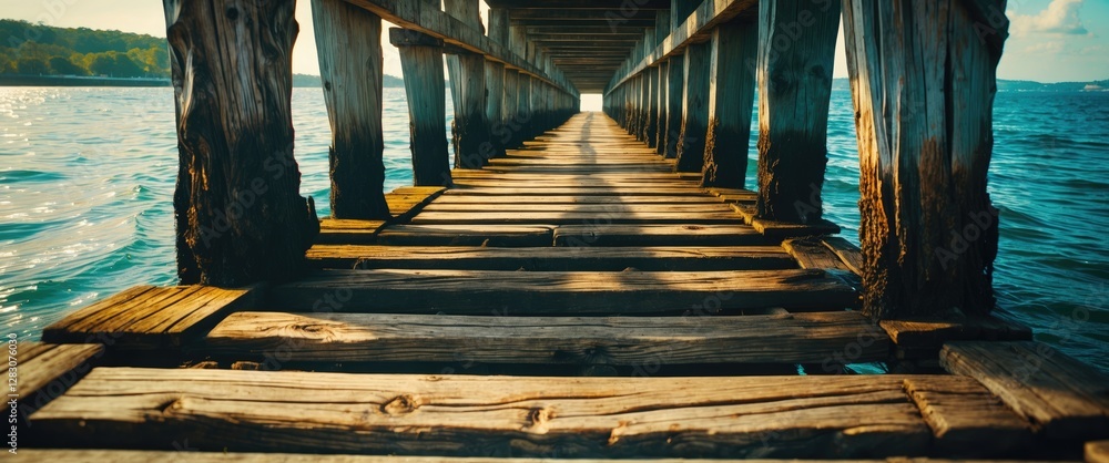 Poster detailed perspective of a rustic wooden pier extending over tranquil water with sunlight casting sha