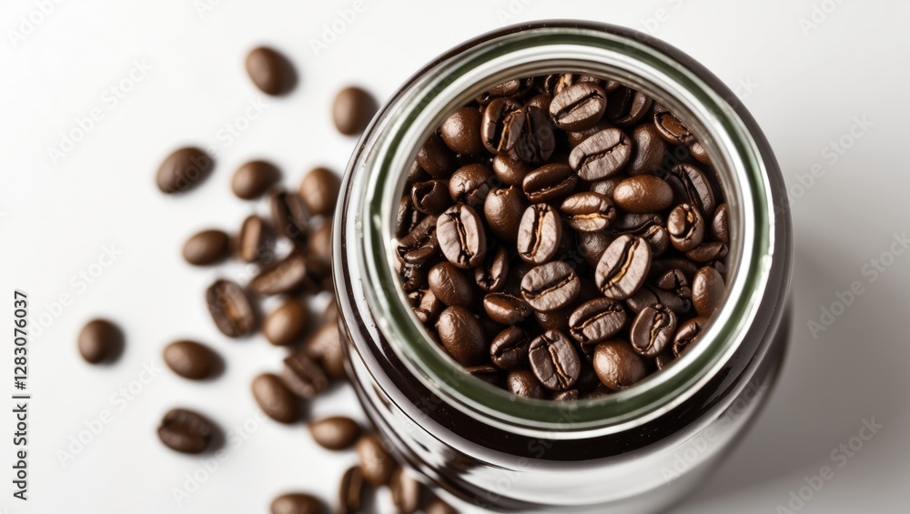 Poster Close up of roasted coffee beans in a glass jar with scattered beans on a white background featuring ample copy space for design use.