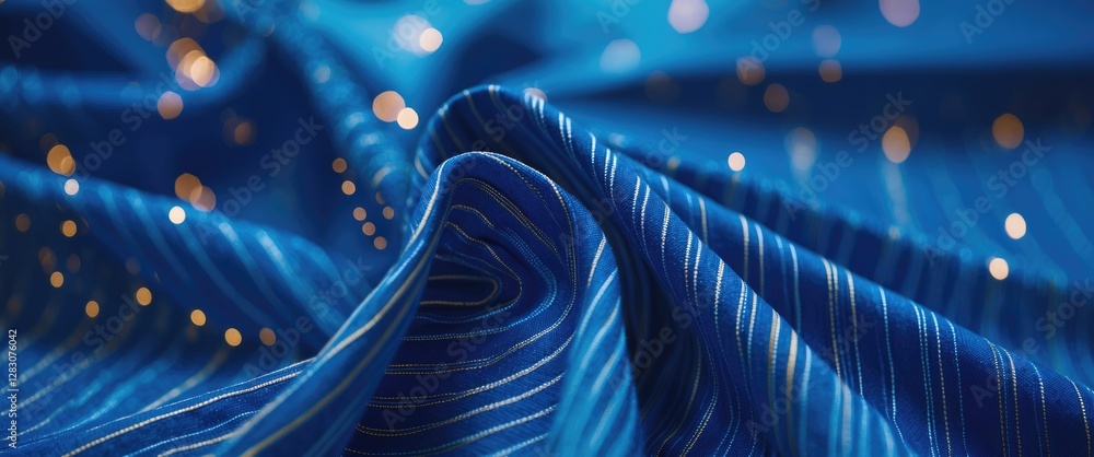 Aufkleber Blue striped textile fabric with shimmering bokeh highlights in a macro view suitable for fashion and design backgrounds.