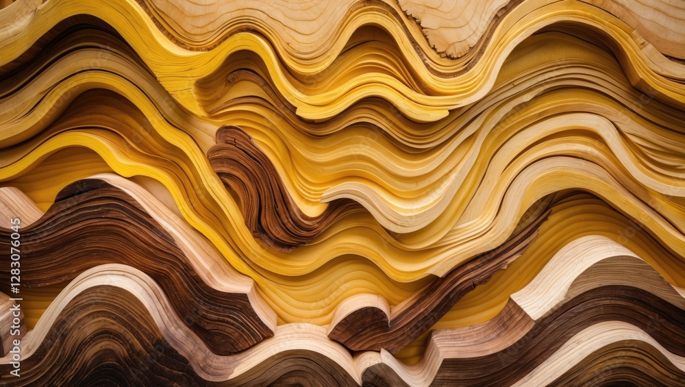 Poster curved layers of golden yellow wood exhibiting rich textures and patterns resembling mountain ranges
