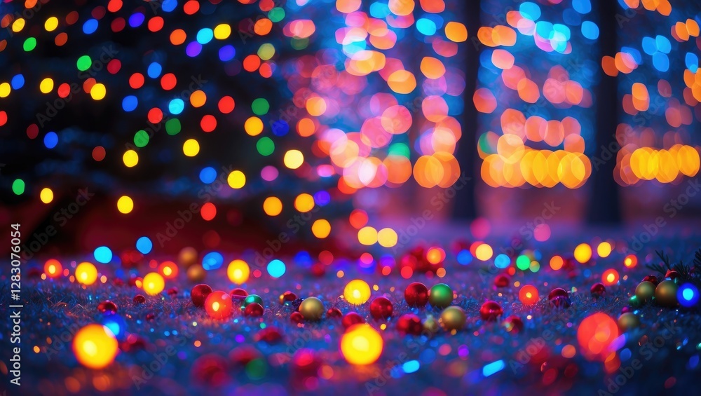 Poster colorful bokeh lights and festive ornaments create a magical christmas atmosphere under the tree in 