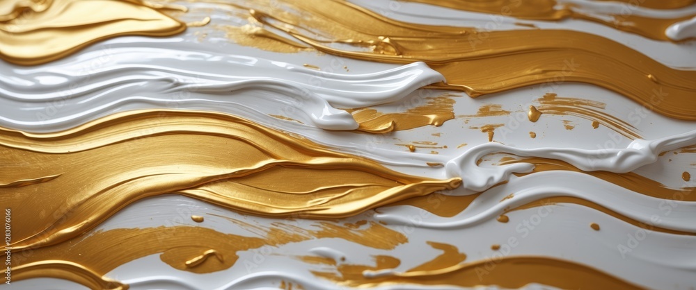 Poster abstract texture of white and gold paint swirls on a surface creating a dynamic artistic effect.