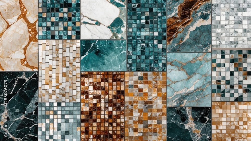 Poster colorful marble textures and mosaic tiles collage creating a rich and elegant background perfect for