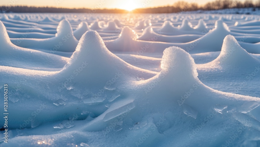 Poster close-up view of textured ice formations on a frozen lake at sunrise with soft lighting and patterns