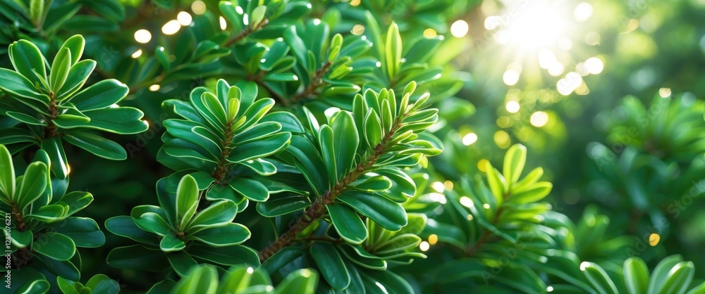 Poster closeup of vibrant green pine leaves illuminated by sunlight creating a serene evergreen tree atmosp