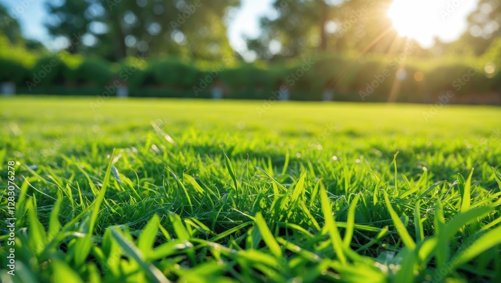 Poster close-up view of lush green grass with sunlight filtering through trees in a park setting during day