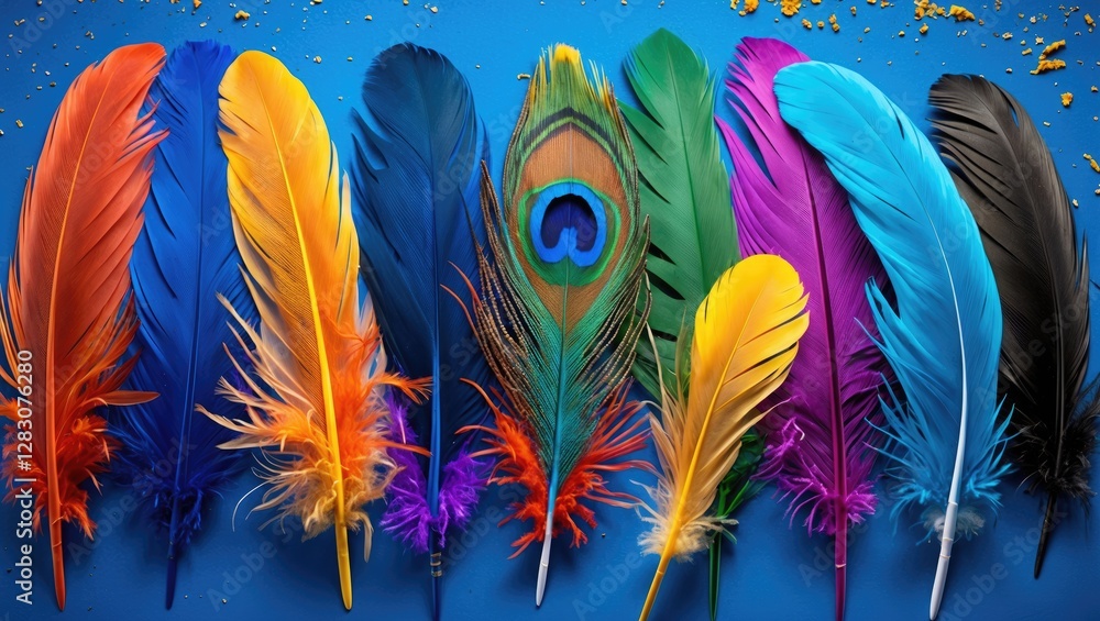 Poster vibrant color feathers arranged in a row on a blue background ideal for carnival or festive decorati
