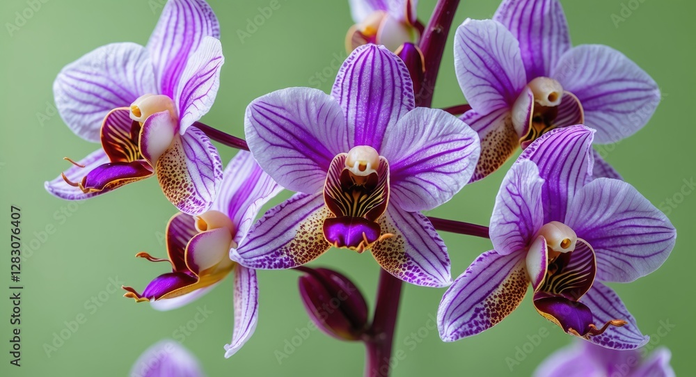 Poster Close-up of vibrant purple orchids displaying intricate patterns and textures against a soft green background, highlighting their natural beauty.